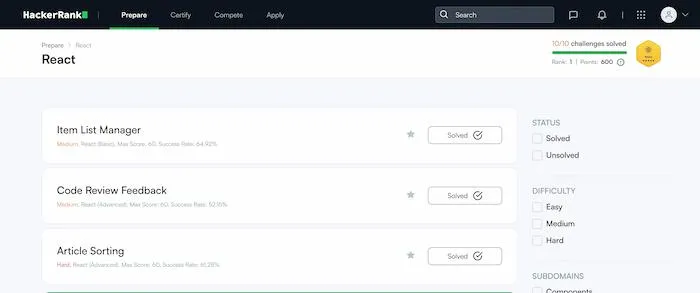 Hakerrank page with completed challenges